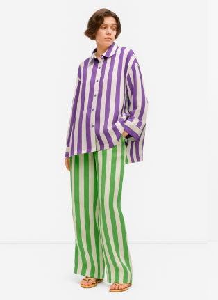 Purple top green pants
